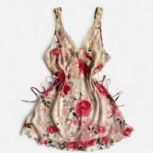 Y2K sheer white + pink rose floral slip dress